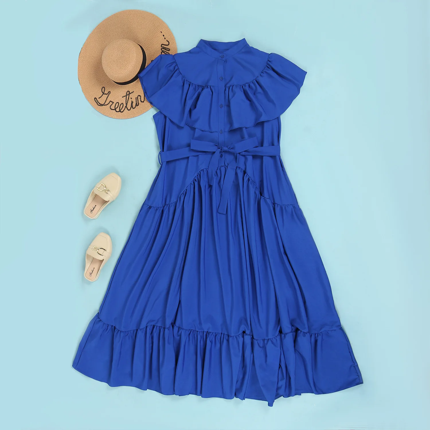 Plus Size Dress Sexy Buttons Sash Ruffles Short Sleeves Solid Women Casual Dresses A Line Party