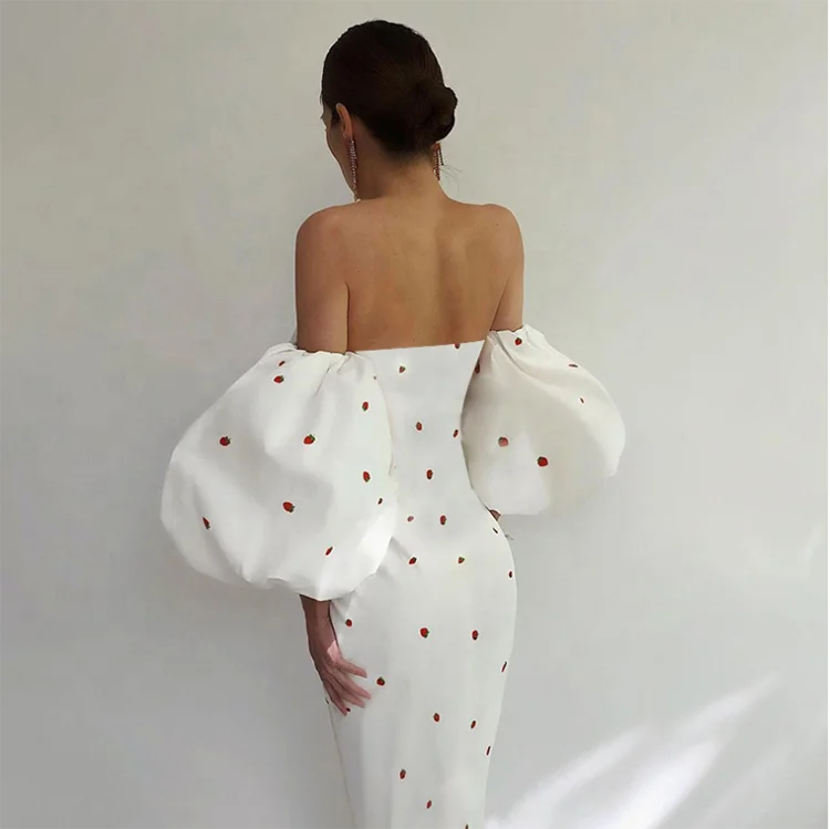 Wholesale Short Puff Sleeve Strapless Backless Strawberry Printed Maxi Dress Pleated Sexy Bodycon Long Women Pencil Dresses