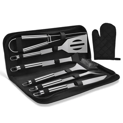 Portable  Camping Picnic bbq 7 pieces set stainless steel Barbecue grill tools set