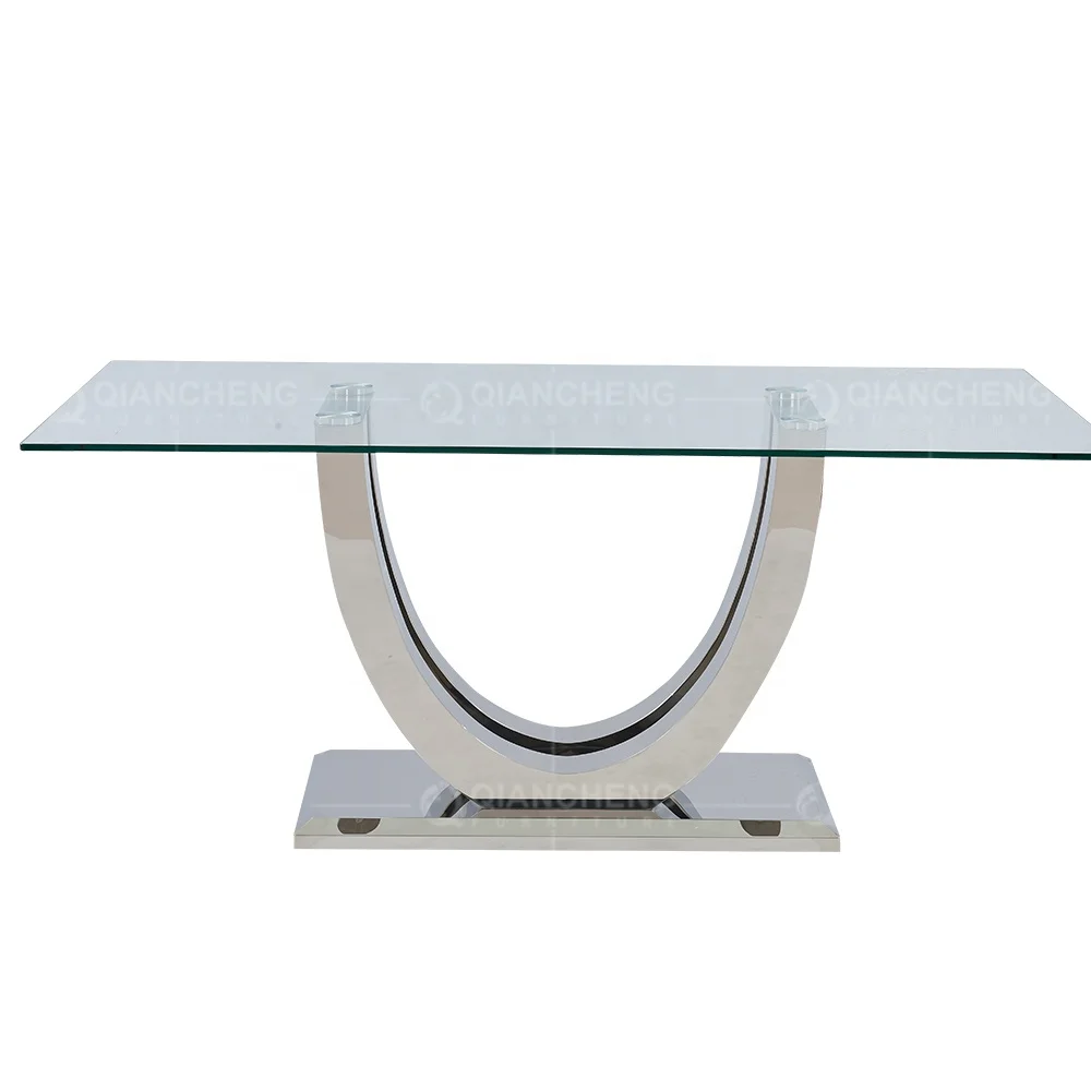 restaurant rectangle stainless steel  dining table Modern dining room furniture mirrored tempered glass dining table set