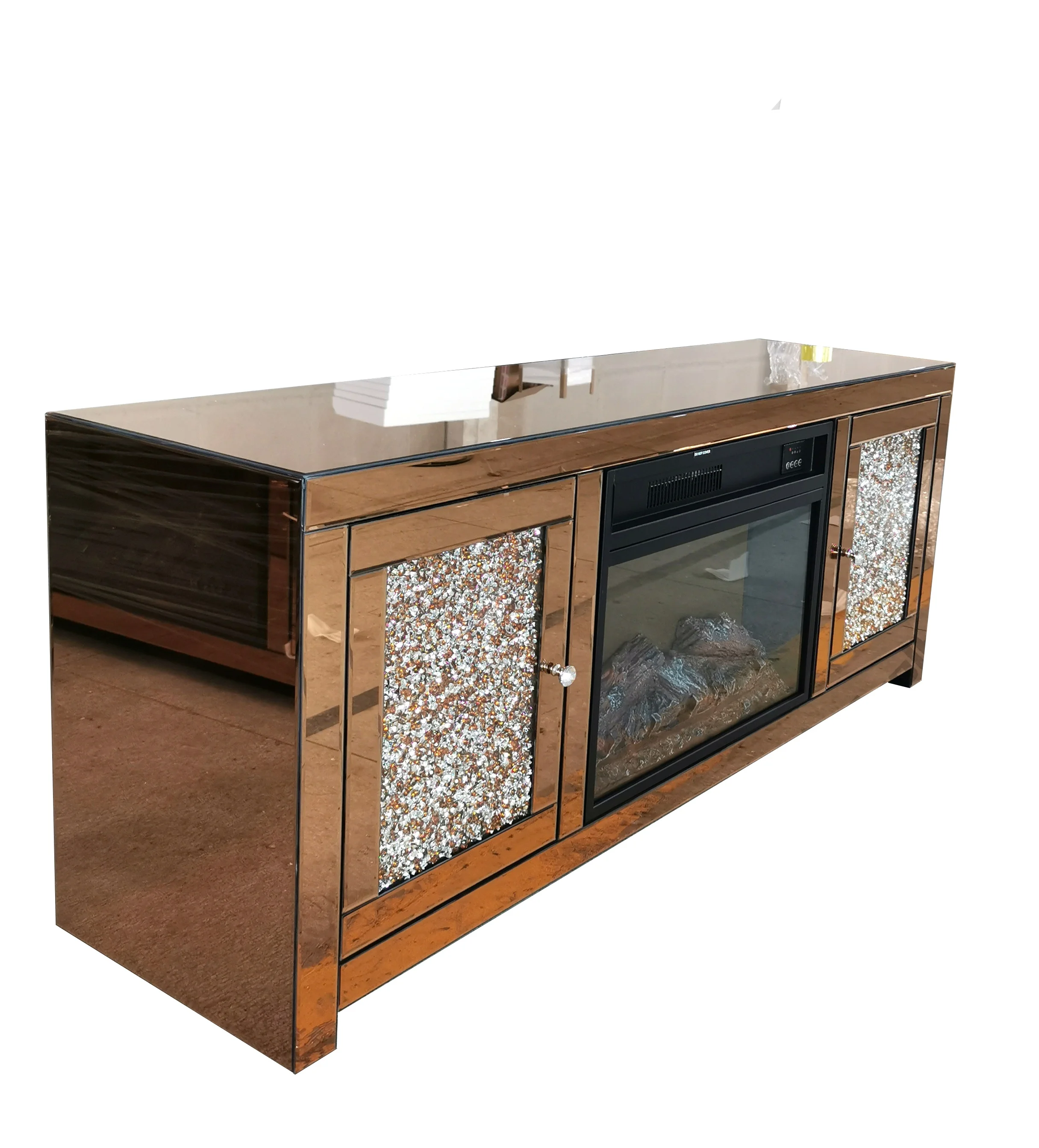 Rectangle crushed sparkly crystal mirrored TV unit stand cabinet with electric fire for sale