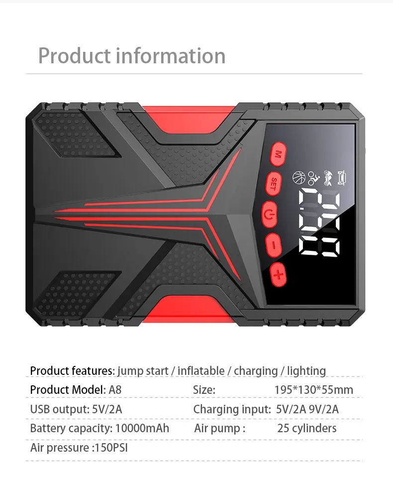 2023 Popular 4 In 1 Functions Portable Car High Power Jump Starter Battery Pack With Air Compressor