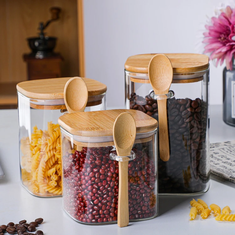 wholesale food grade glass food storage jar containers glass canister with airtight bamboo lid and spoon