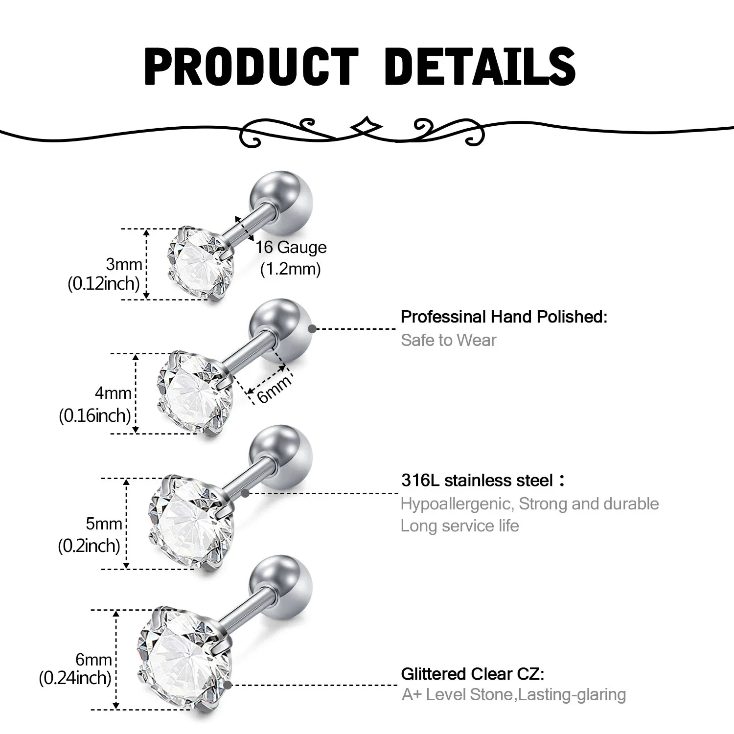 11pcs 316L Stainless Steel Cartilage Stud Earrings Helix Tragus Daith Earrings Body Ear Piercing Jewelry