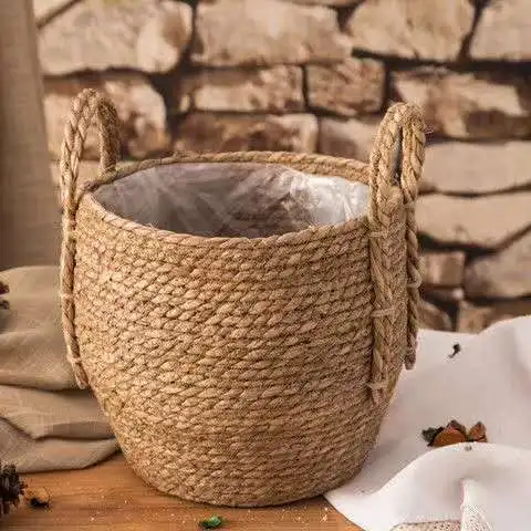 Rustic Home Decor Stitching Khaki Floor Indoor Planters Cotton Rope Woven Plant Basket Modern Woven Basket