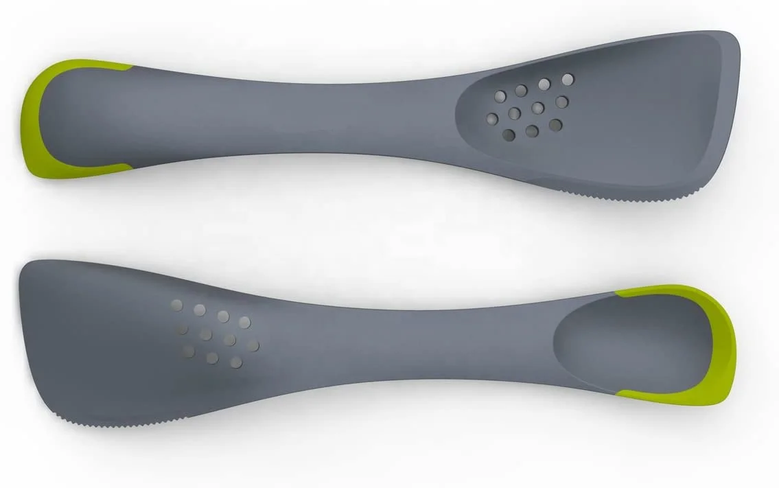 5 In 1 Kitchen Utensil Tool Slotted Solid Spoon Spatula Turner Slicer All In One Space Saving Gray Plastic Silicone Spoon