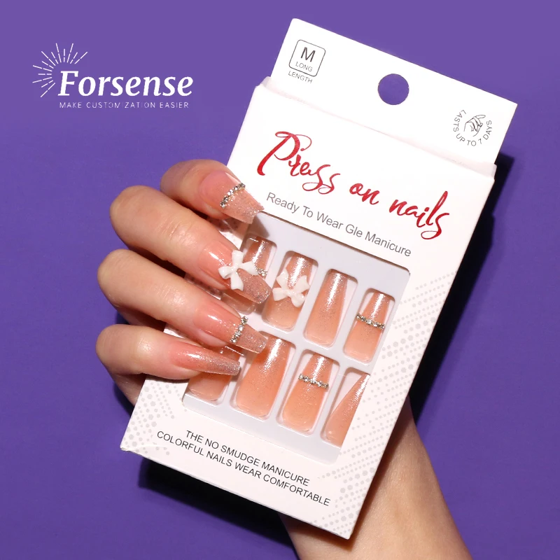 luxury 3d jewelry decoration press on nails with rhinestone diamond handmade short coffin nail tips stick on wear fake nails bow