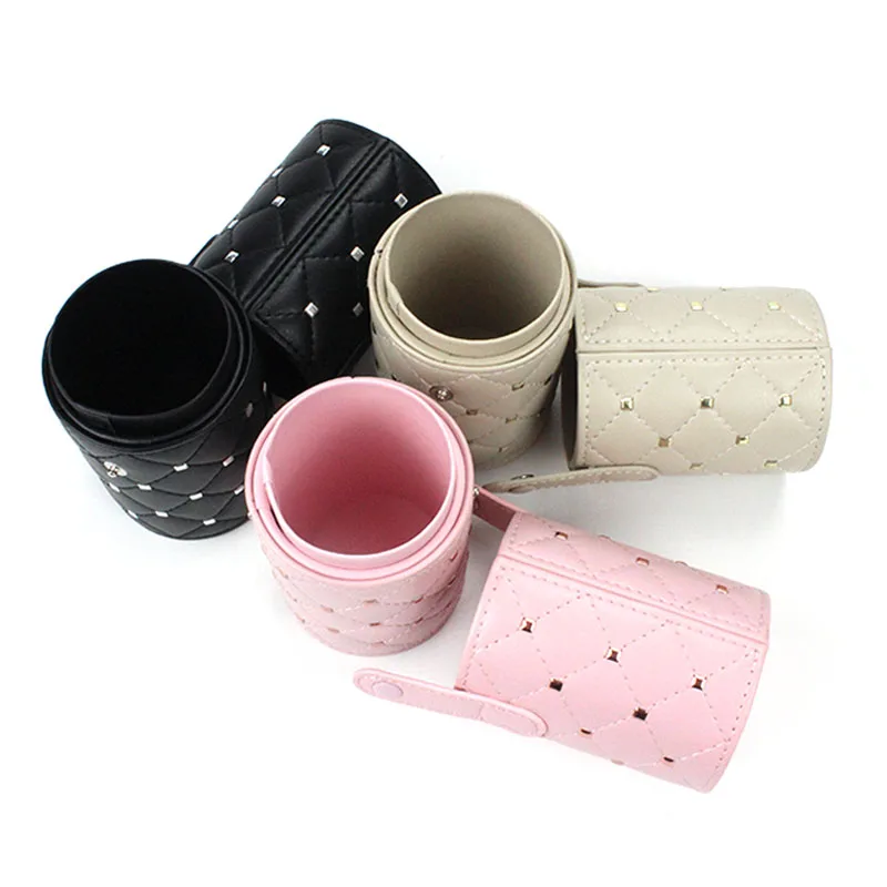 Black Rivet Style Makeup Brush Holder Case Portable Travel Pu Leather cosmetic Cylinder