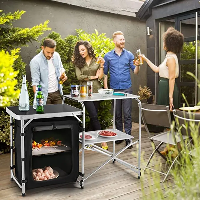 NPOT Camping Kitchen Table, Aluminum Outdoor Folding Grill Cook Station with Storage Organizer, 2 Side Tables for BBQ Picnic