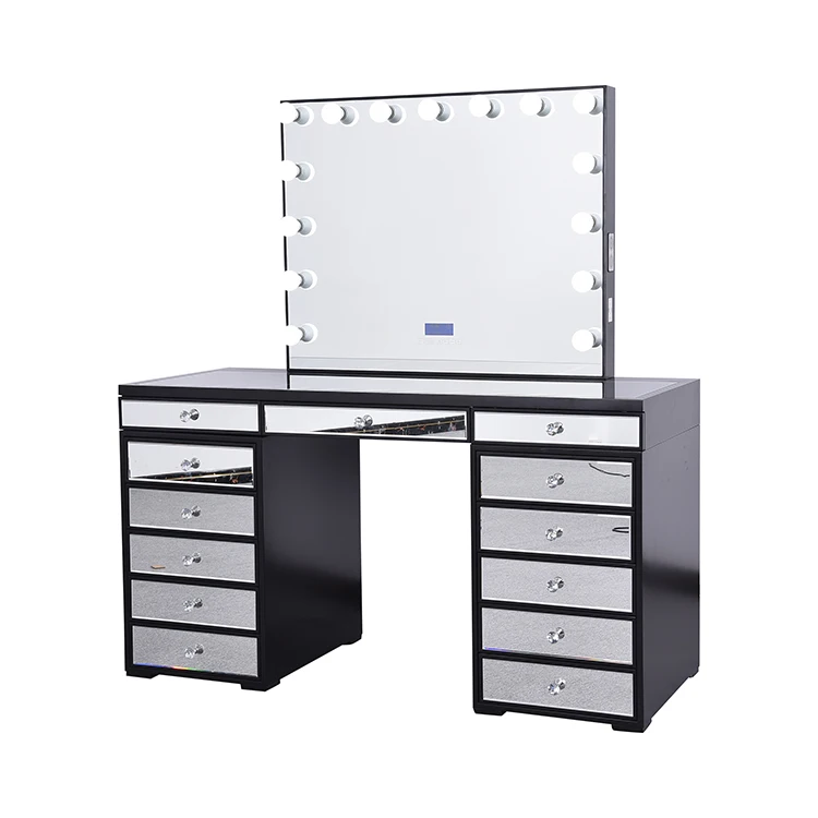 Hot selling OEM bedroom hotel black storage led dressing hollywood makeup table with lighted mirror