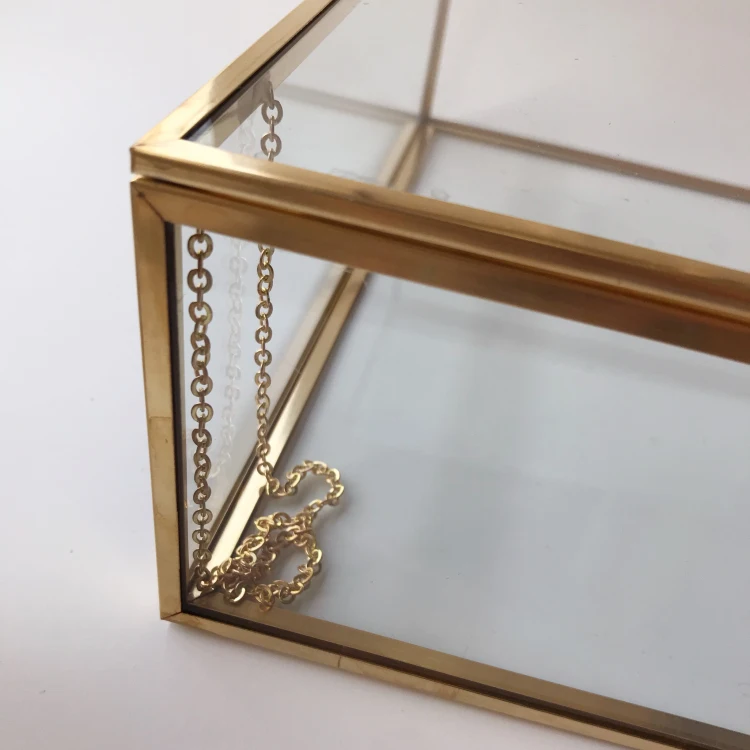 Геометрическая стеклянная коробка для свадебных карт большая ювелирных украшений из розового золота с крышкой и металлической рамкой