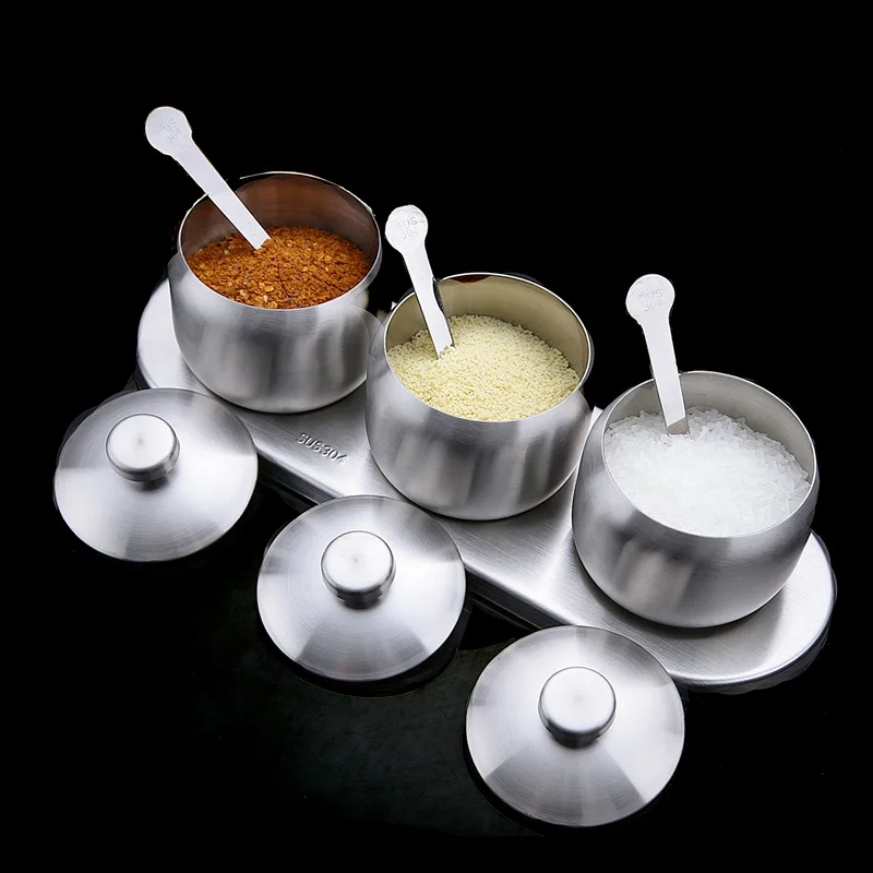 Spice Jar Condiment Pots Set SUS304 Stainless Steel Seasoning Container with Spoon Holder Rack and Lid