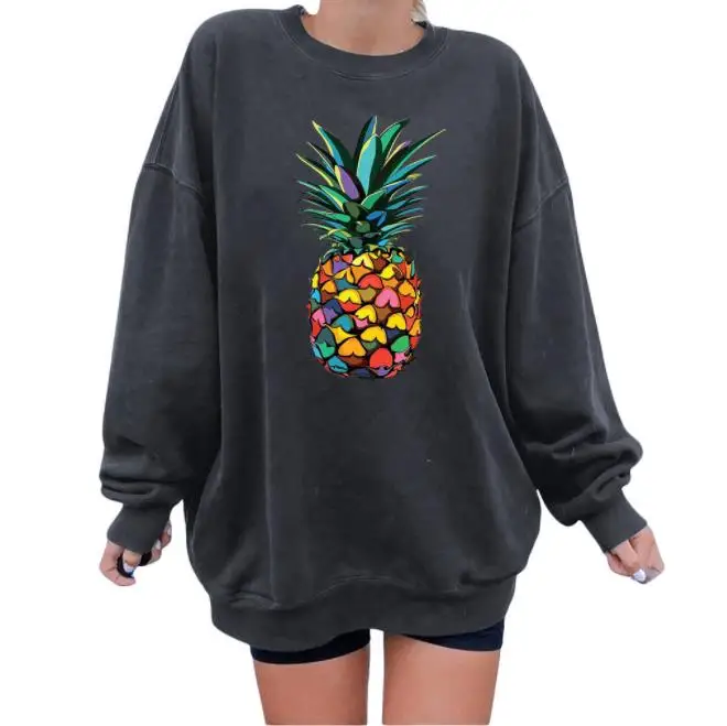 Amazon hot sale drop shoulder fleece round neck ladies plus size sweater loose pineapple print casual sweater