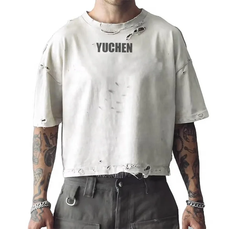 Streetwear Heavyweight Cut n Sew French Terry Oversized Vintage Tee Custom Boxy Cropped Dirty Wash Distressed Rip T Shirt Men