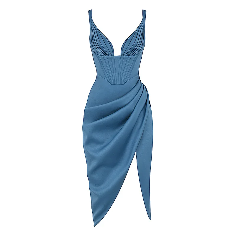 European and American women Amazon hot style sexy V-neck satin fish bone folds split suspender dress