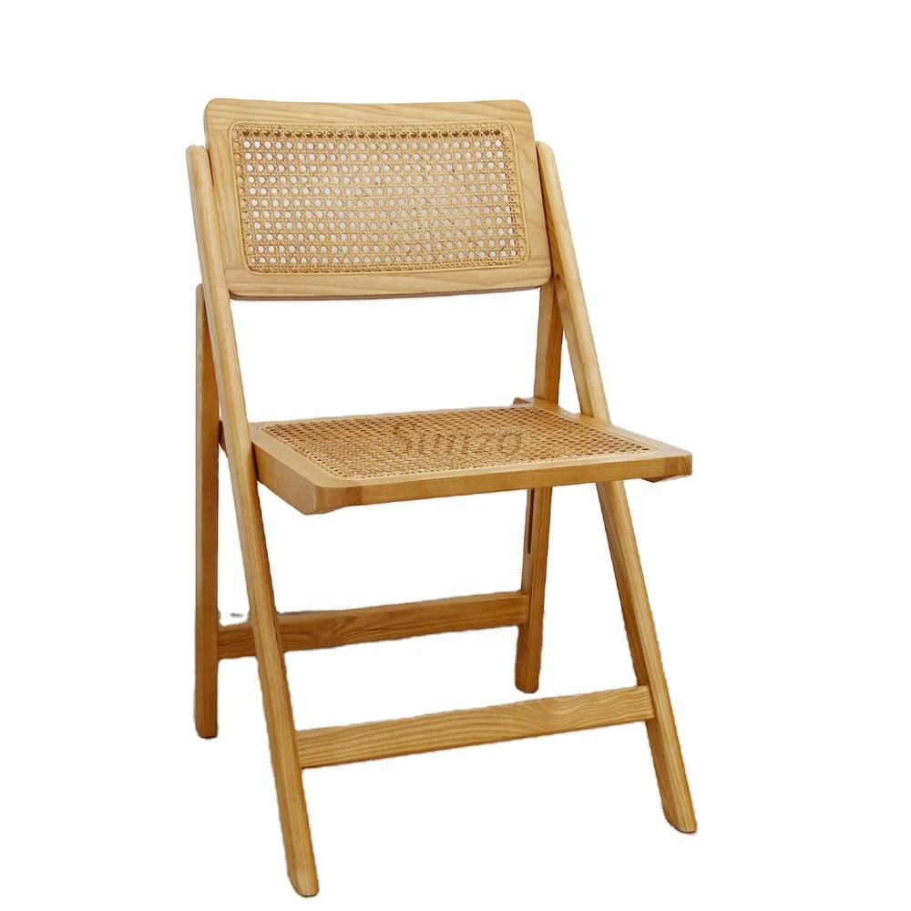 Ash Wood Foldable rattan movable dining chair A portable space-saving chair