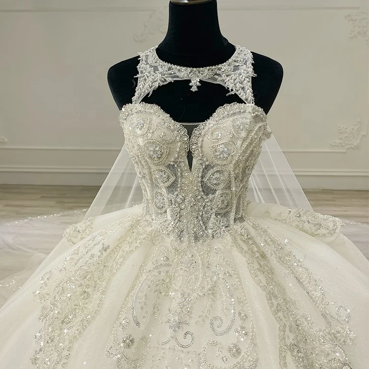 New Arrival Ball Gown Breathable Anti-static Embroidered long veil decorated beads luxury 2 in 1 Modern Bridal Dress