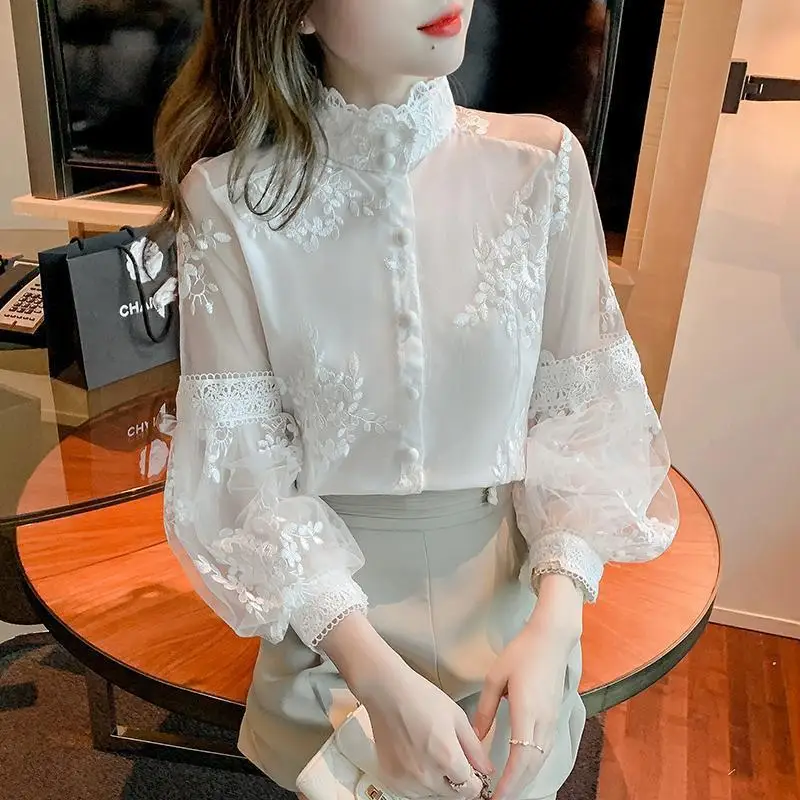 2024 Spring Sweet Style Lantern Sleeve Chiffon Shirt Women Embroidered Flower White Blouses Female Mesh Stitching Pure Top