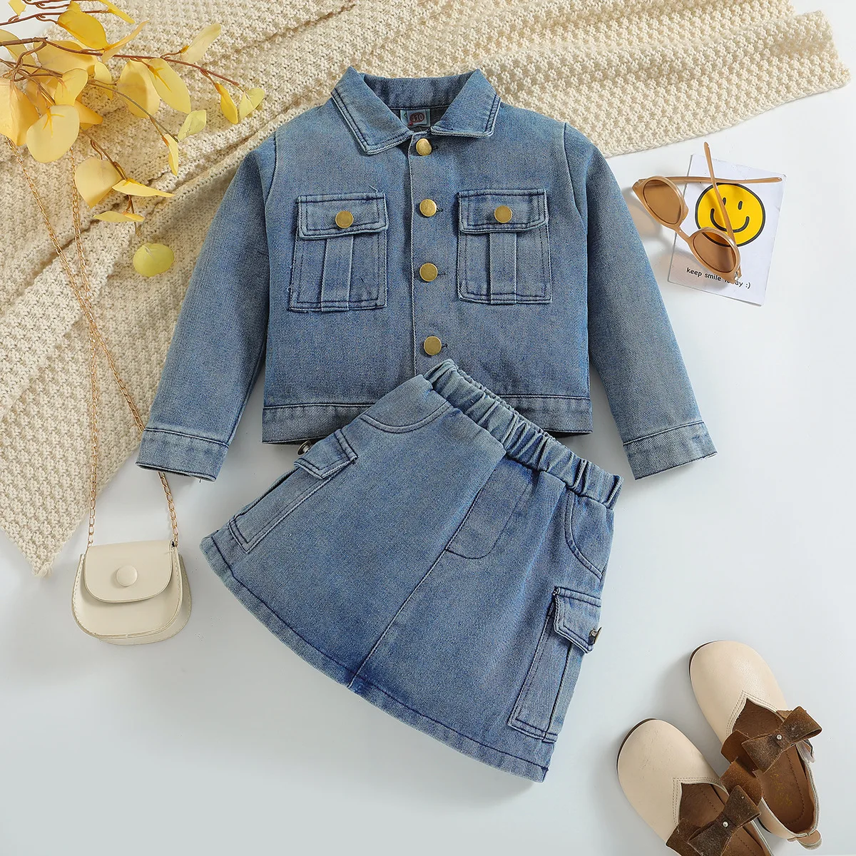 Girls 2pcs Clothes Sets Blue Denim Ripped Hole Long Sleeve Single Breasted Jacket Flare Pants
