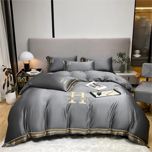 Solid Color Embroidery Luxury 60S Washed Silk Four Piece Duvet Cover Set Gray Hotel Red Wedding Bedding Set
