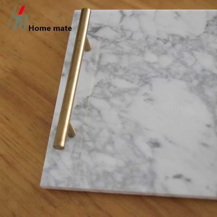 Hotel Decorations Home Luxury Rectangle Food Serving Marble Tray With Gold-Tone Handles