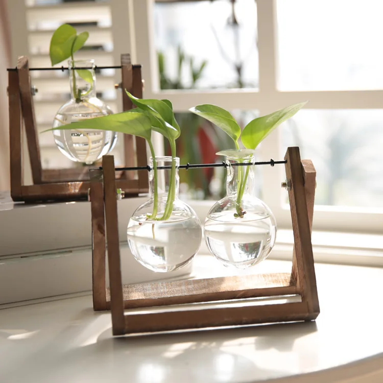 Glass Plant Terrarium With Wooden Stand Wooden Vase Test Tube Vase Wooden Vase Holder
