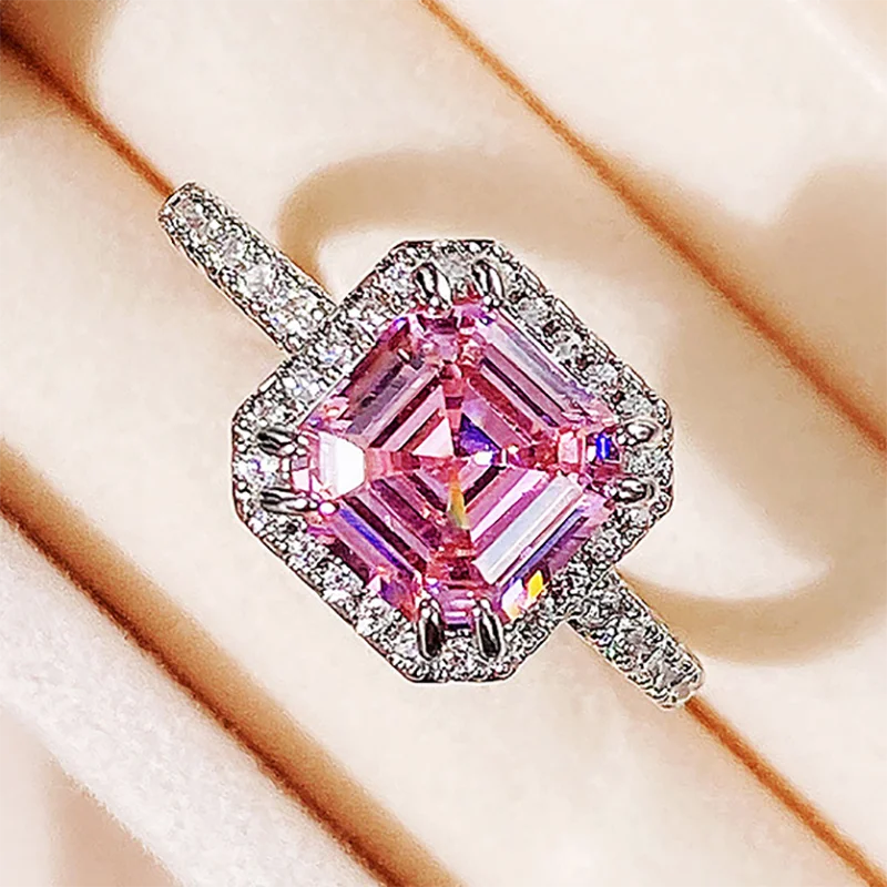 CAOSHI Charm Women Engagement Wedding Ring 925 Silver Plated Enchanted Princess Cut Pink Gem Stone Ring