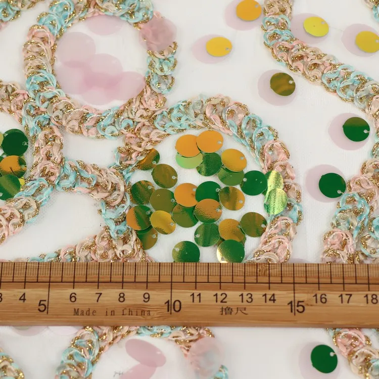 fancy tulle with big circle sequin lace with twist tape embroidery 3d large spagle swing fabric for party dresses