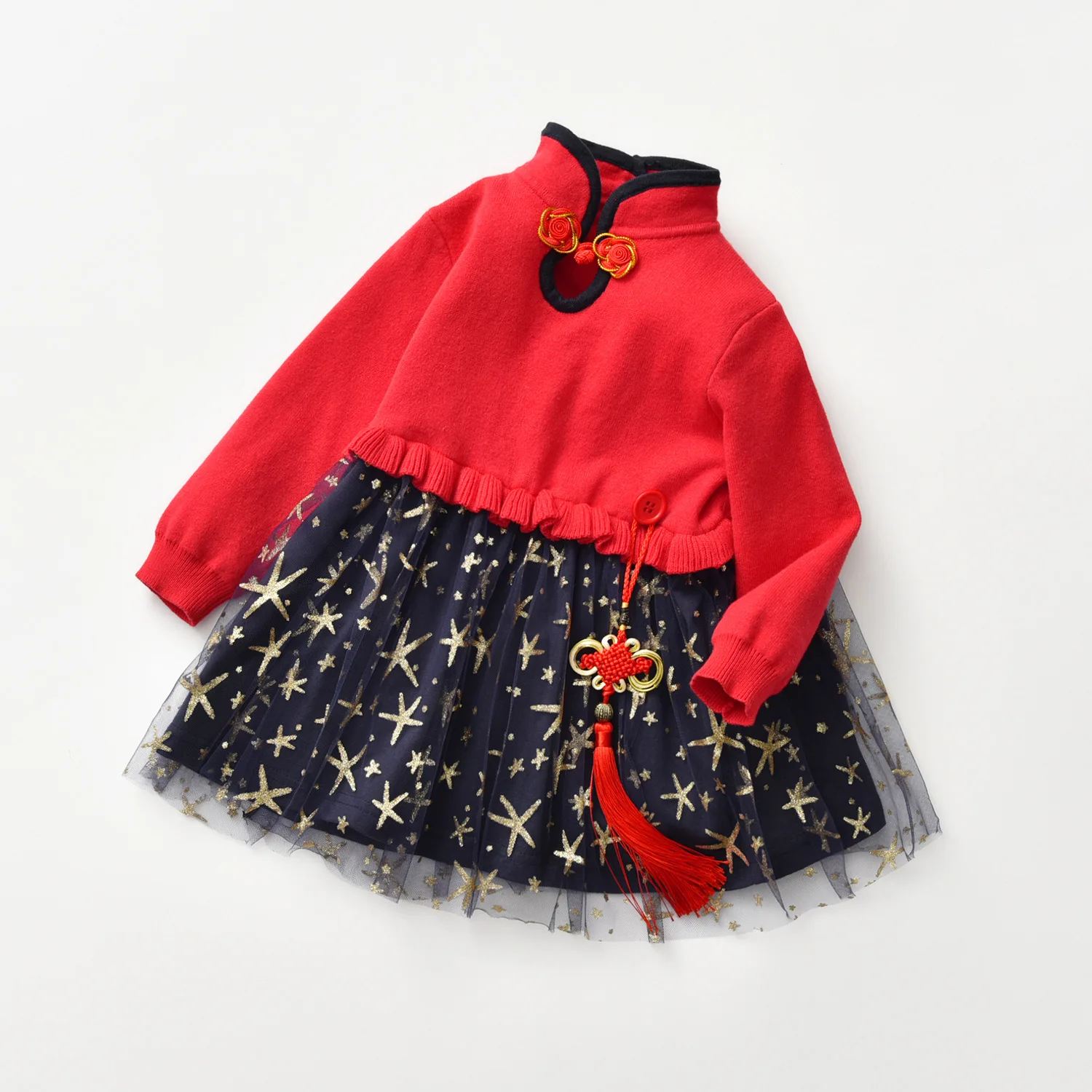 Autumn and Winter Tang Suit New Mesh Skirt Knitted dress Thin Velvet Warm Baby Clothes Super Cute Skirt Year Clothes