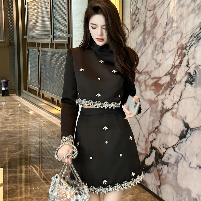 ZYHT New Casual 2 Piece Set Elegant For Women Crop Top Skirts Set Shiny Beading Black Solid Blouse and A-line Skirt Suit