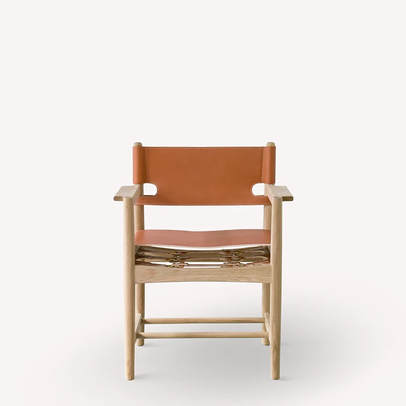 Nordic solid wood saddle leather back-to-back dining chair Spanish designer classic standard home wood arm leather chair