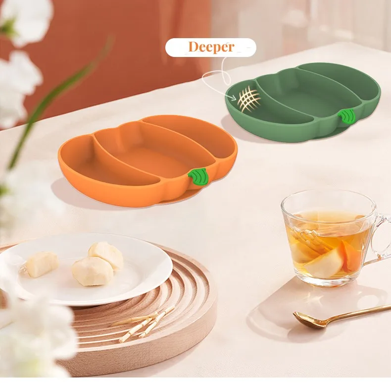 BPA free kids baby complementary food eating training silicone tableware food grade partition suction bowl Pumpkin plate