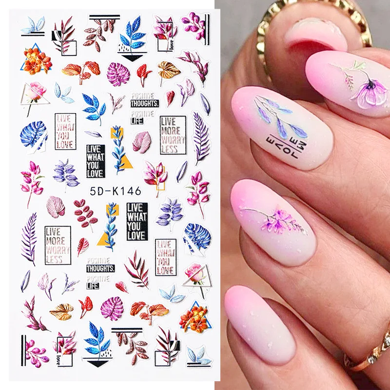 5D Simple Flowers Nail Embossed Stickers Wedding Design Adhesive Sliders Summer Textured Engraved Decoration