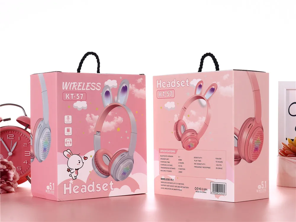 New Earphone Cute Rabbit Ear Headphone LED Kids Wireless Headset Earphone with Shining Five-pointed Star Pattern