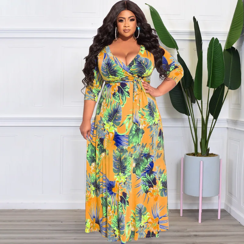 4xl 5xl Plus Size Maxi Dress Women 2022 Summer V Neck Short Sleeve Floral Print Yellow Dress for Women Large Size Beach Dresses