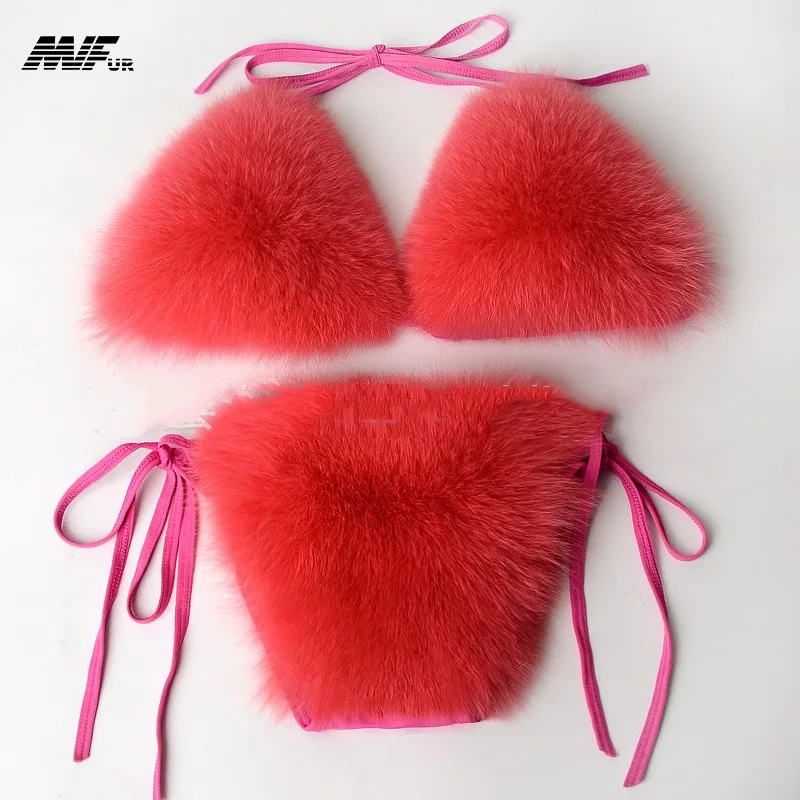 Women Sexy Swim Suit Genuine Fluffy Real Fox Fur Bikini Set Girls Fox Fur Underwear Natural Fur Bikini