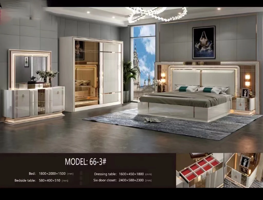 New Modern Luxury King Size Bed MDF Lighted Headboard Suite 6 Door Wardrobe Full Set Wooden Bedroom Furniture