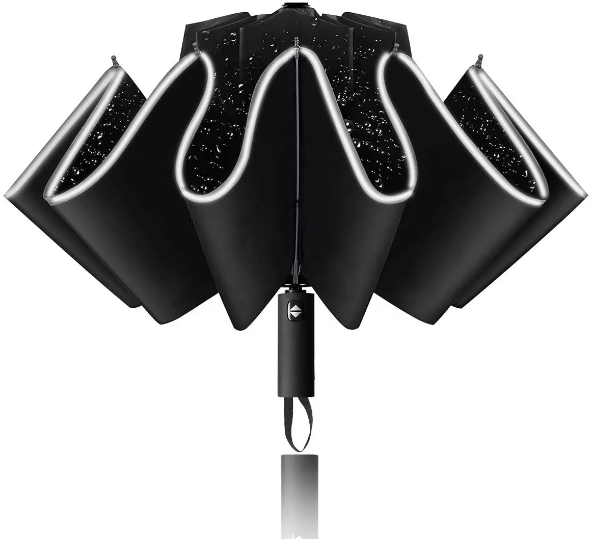 Compact Travel Size 3 Folding Auto Open Close Reverse Invert Upside Down Umbrella Automatic with Reflective