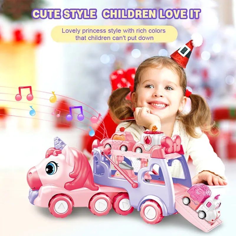 Girls Princess Gifts 5 In 1 Friction Cartoon Truck Unicorn Trailer Cars Motorcycle Transporter Carrier Vehicle Toys For Kids
