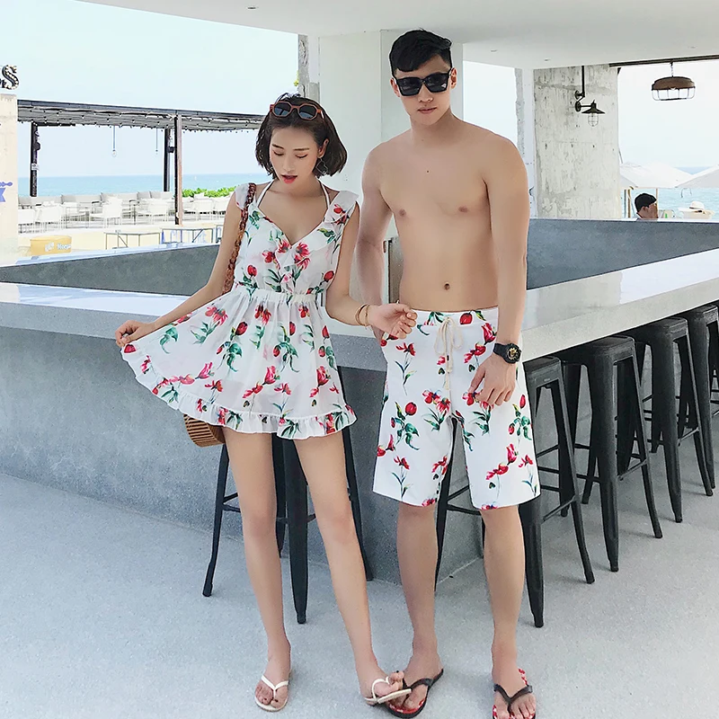 Custom sublimation printed design your own fashion couple swimwear  (one set including women skirt and men boxer)