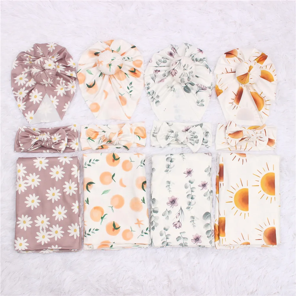 Custom High Quality Bamboo Organic Cotton With Spandex Baby Swaddle Blanket  Matching With Hat,Romper,Headband Gift Set