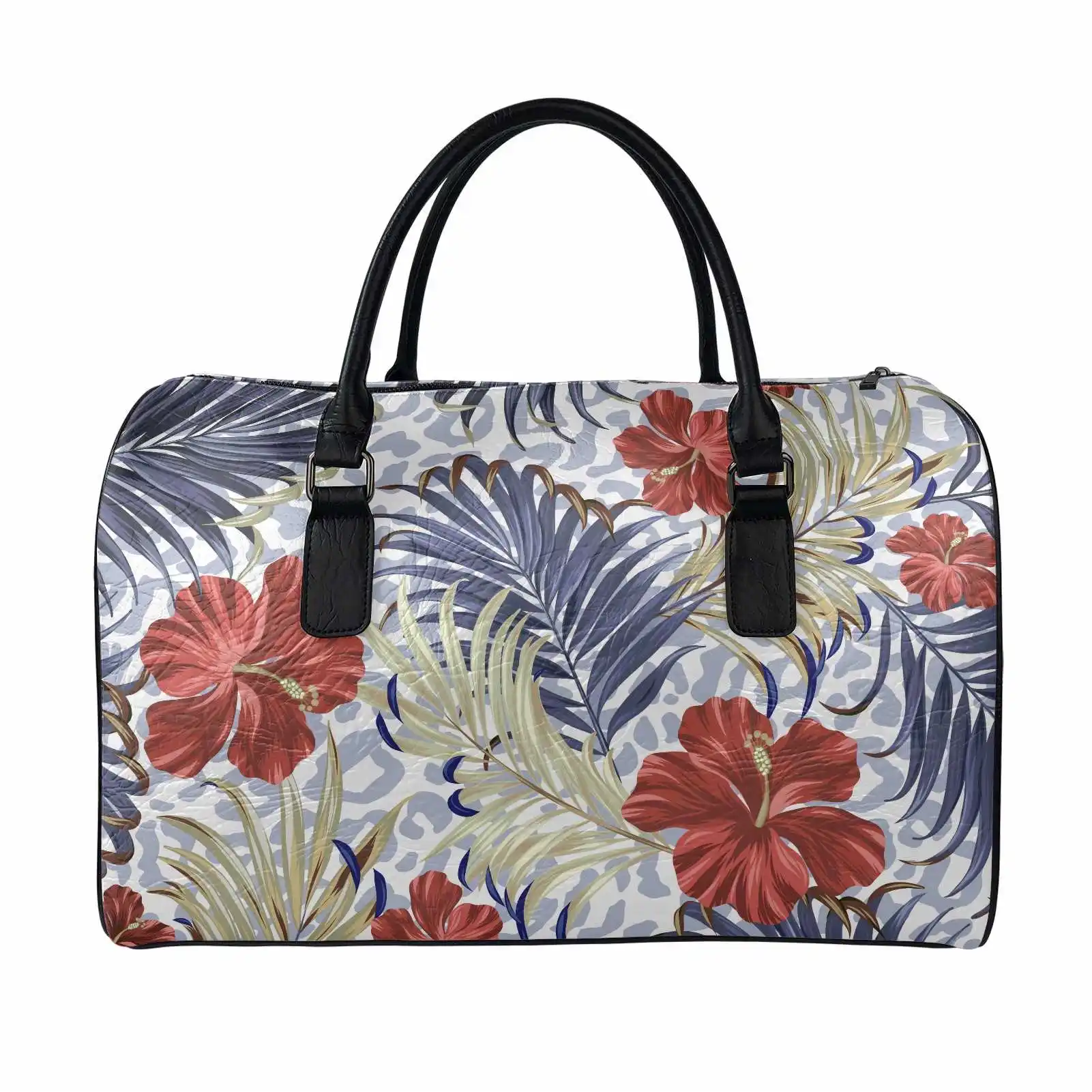 Custom leather duffle Travel Bags Leopard Skin Pattern Travel Bag Floral Tropical Design Luggage Overnight holdall Bags 2023