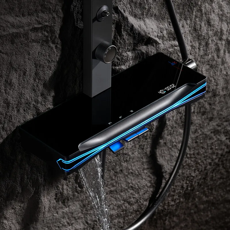 Top1 Piano Key Gray Bathroom Digital Display Faucet Shower System Set Bathtub Hot and Cold 3 Functions Tap Smart Shower Set