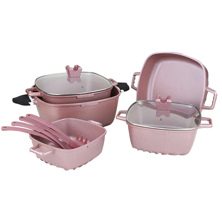 2022 High Quality Professional Non Stick Pink Cookware Sets Granite Aluminum