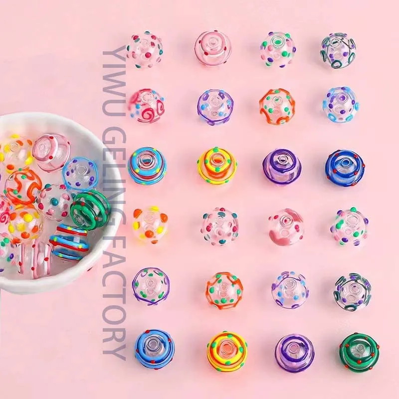Creative Candy Colors Glass Beads Wavy Pattern Hollow Heart Ball Beads Handmade Accessories