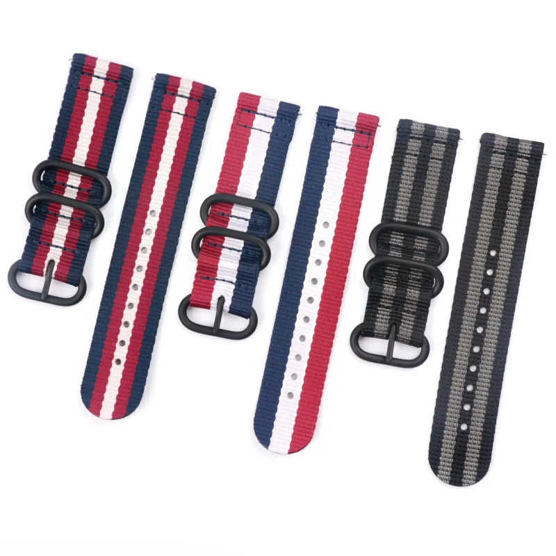 Customize 18 20 22 24mm Many Colors 2-piece Bracelet Stripe Webbing Fabric Woven Nylon Wrist Watch Band Strap Wholesale 3 Rings