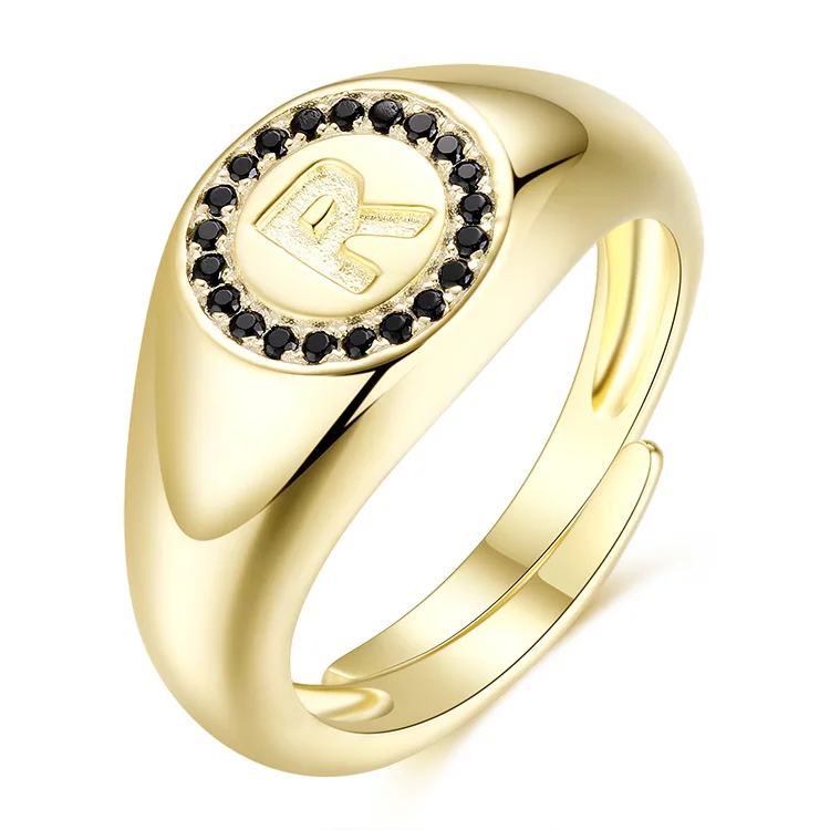 BAROLI Gold Filled Trendy Jewelry 925 Silver Chundy Capital R Letters Initial Signet Statement Adjustable Ring For Girl Gift