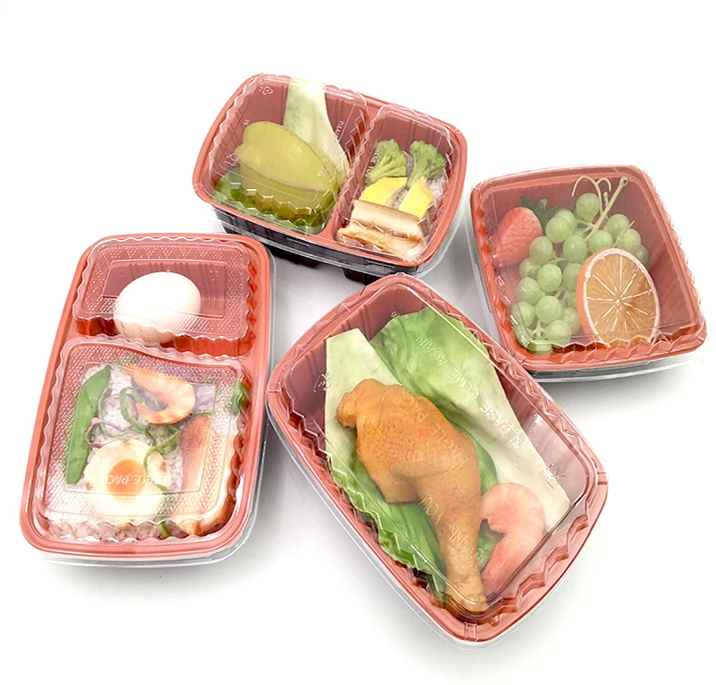 Disposable red inside black outside pp takeaway airline bento box food container plastic with lid