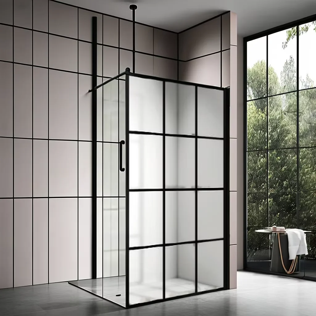 Black Stainless Steel Support Bar Shower Rooms Black Aluminum Alloy Profile Transparent 6mm Tempered Glass Silk Print Picture