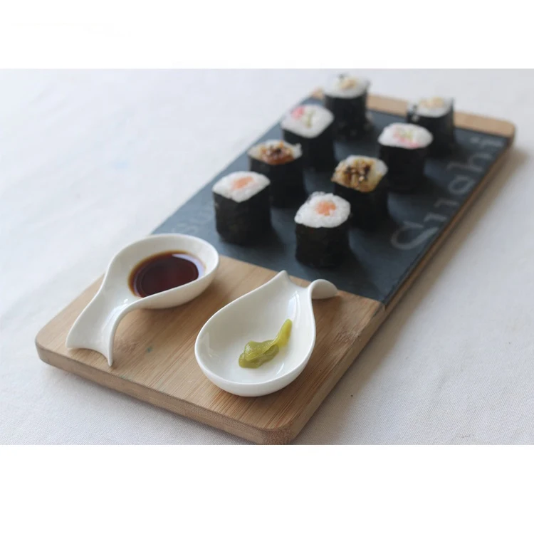 Оптовая продажа, ресторанный черный сланец в японском стиле, прямоугольный бамбуковый деревянный аппетит для суши, поднос для демонстрации буфета